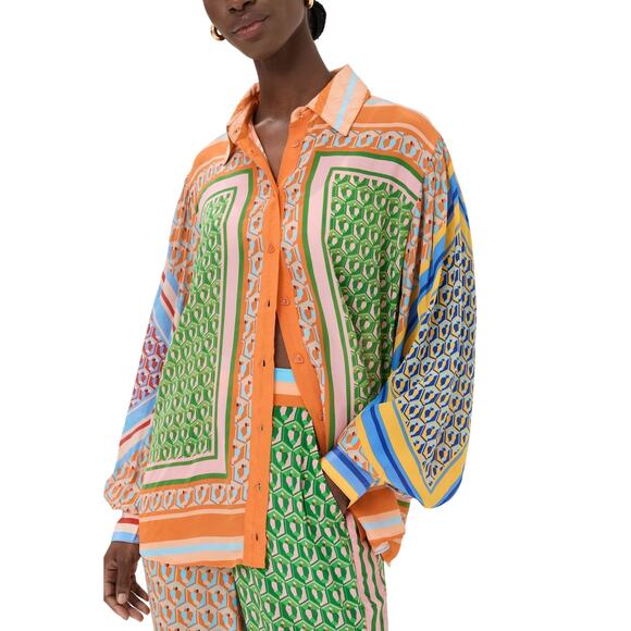 Farm Rio 'Cashew' Green Viscose Mix Long Sleeve Shirt Size XS - Picture 1 of 5